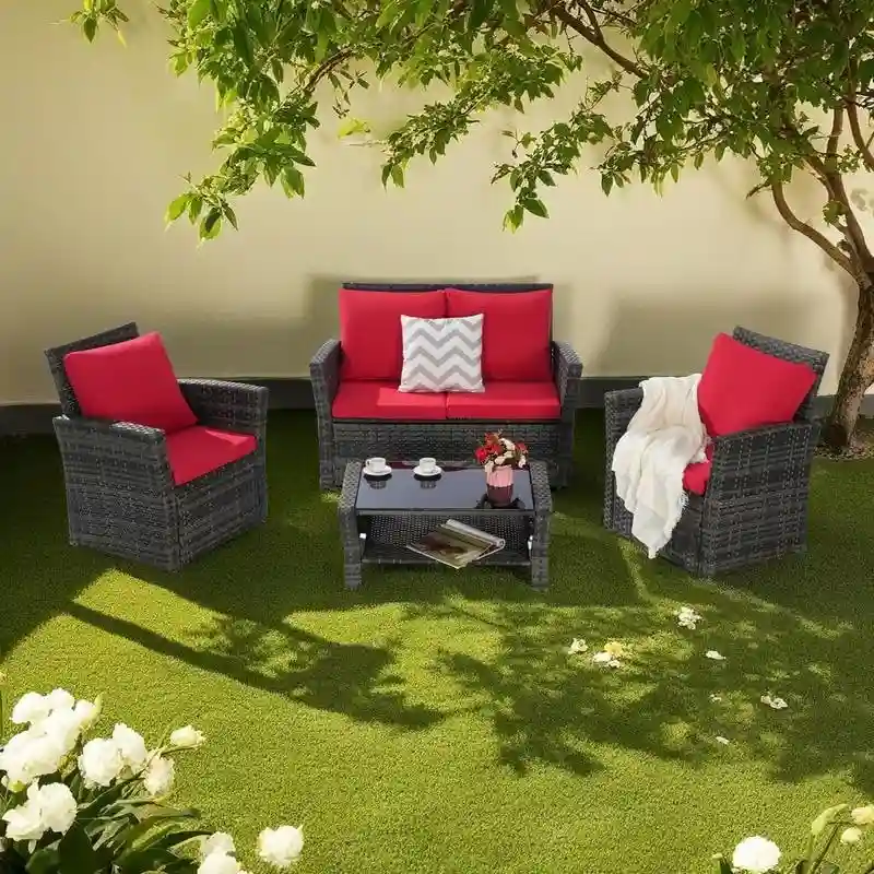 4-Piece Outdoor Patio Rattan Conversation Sofa Set with Tempered Glass Coffee Table