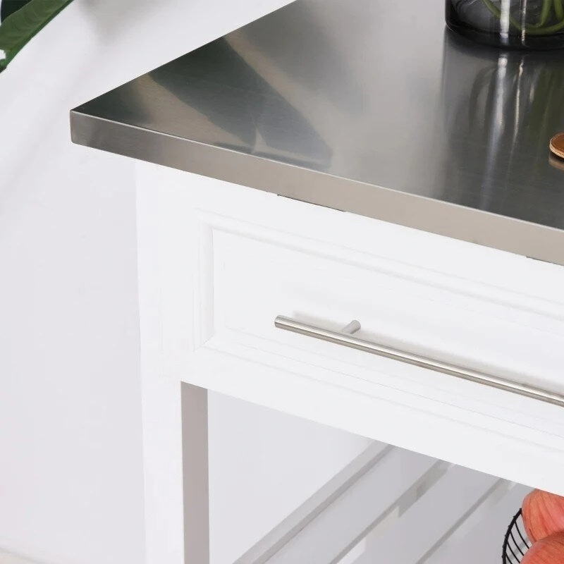 White Rolling Kitchen Island 2 Drawers Storage with Stainless Steel Top - 47.25L x 19.75W x 36 H