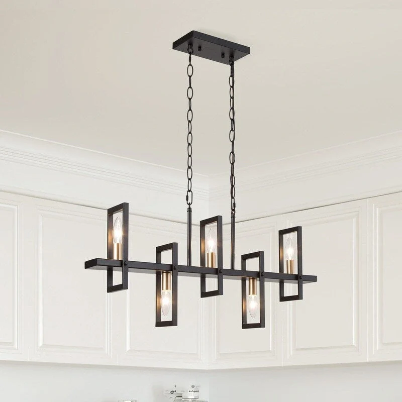 5-light Modern Black Gold Kitchen Island Geometrical Candle Chandelier Linear Penant Light - L31.5  x W4  x H74