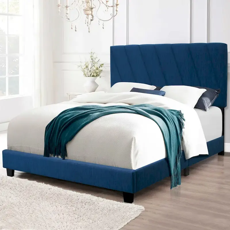 Blue Queen Adjustable Upholstered Bed Modern Minimalist Top Style