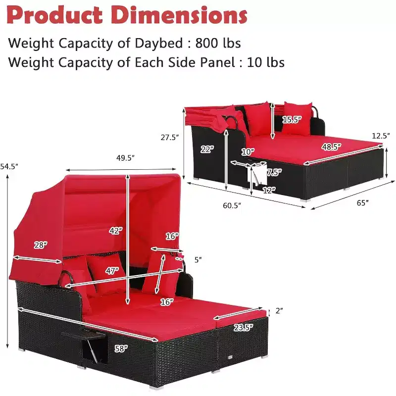Costway Patio Rattan Daybed Lounge Retractable Top Canopy Side Tables Cushions Off White/Red/Turquoise/Beige
