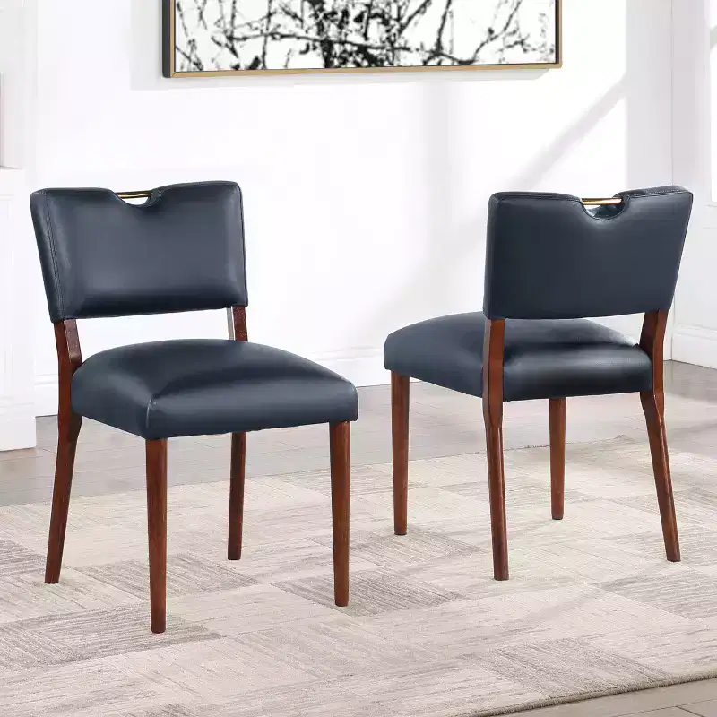 Comfort Pointe Bonito Dining Chair Midnight Blue: Set of 2, Velvet Upholstery, Gold Handle, Walnut Frame