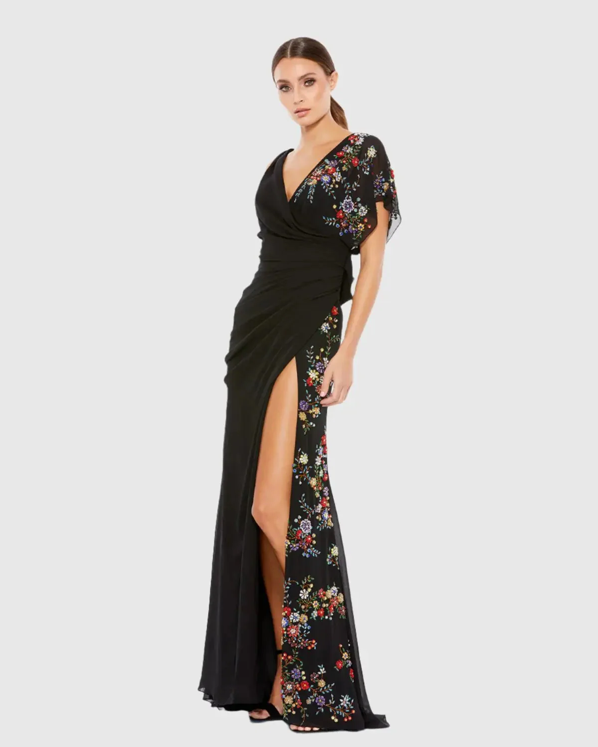Black Faux Wrap Multi Colored Beaded Floral Gown