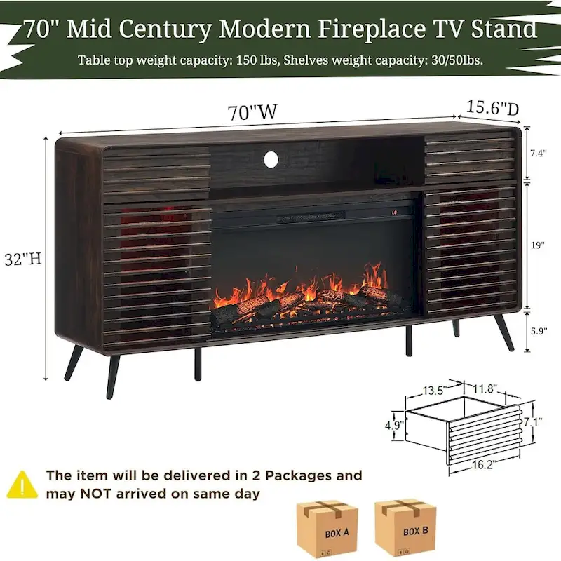 Mid Century Modern Fireplace TV Stand, Entertainment Center