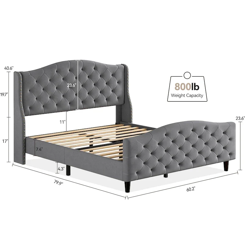 Bed Frame With Velvet Upholstered Headboard And Footboard