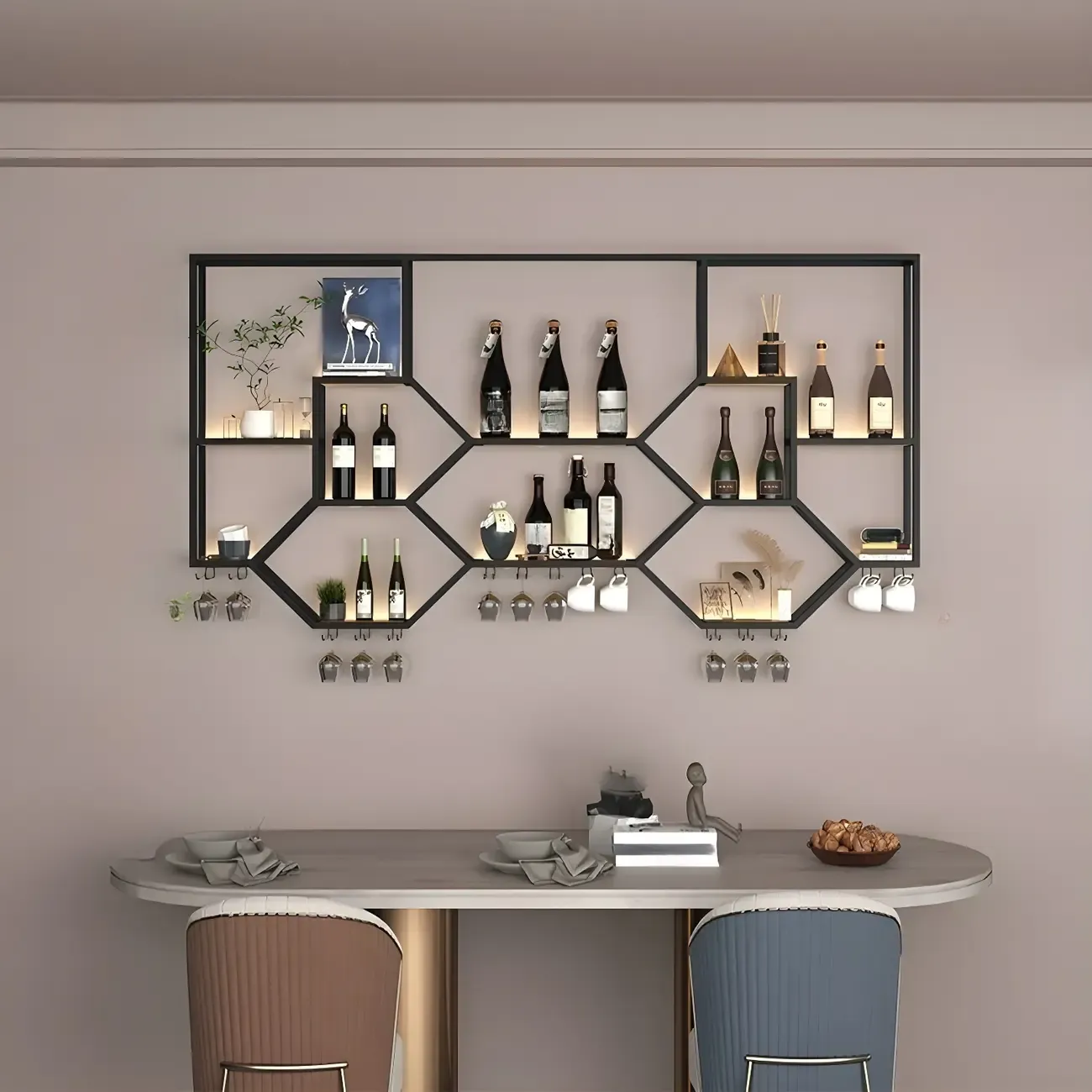 Black Metal Wall-Mounted Lighted Wine Rack