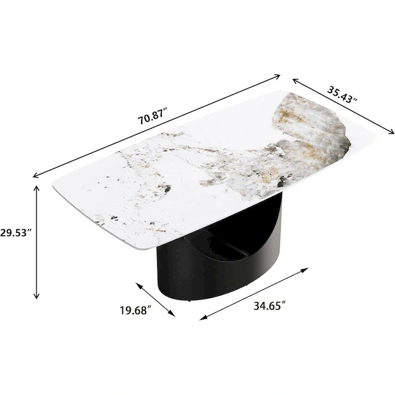 71 Black Marble Sintered Stone Table Top,Rectangle Dining Room Table with Unique U-Shape Black Carbon Steel Pedestal
