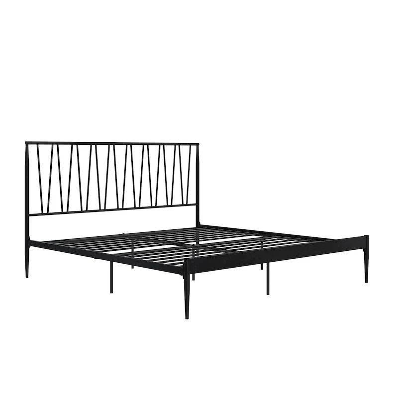 Queen Size Metal Bed Frame, Diagonal Geometric Panel Headboard, Modern Style, Black, 2 People