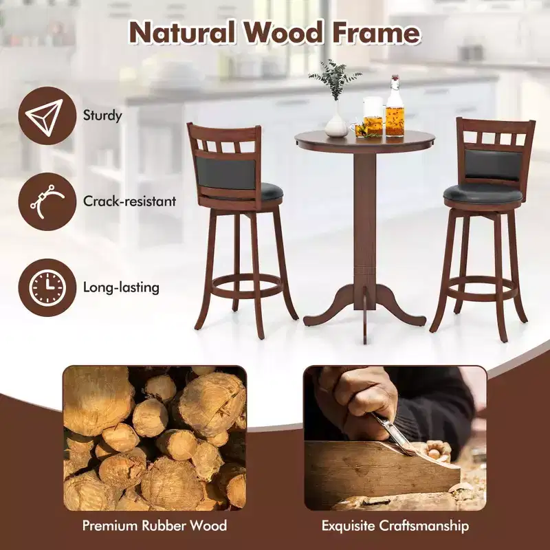 Costway 3 PCS Wood Bar Dining Set Table with Pedestal Base & 2 Upholstered Swivel Stools