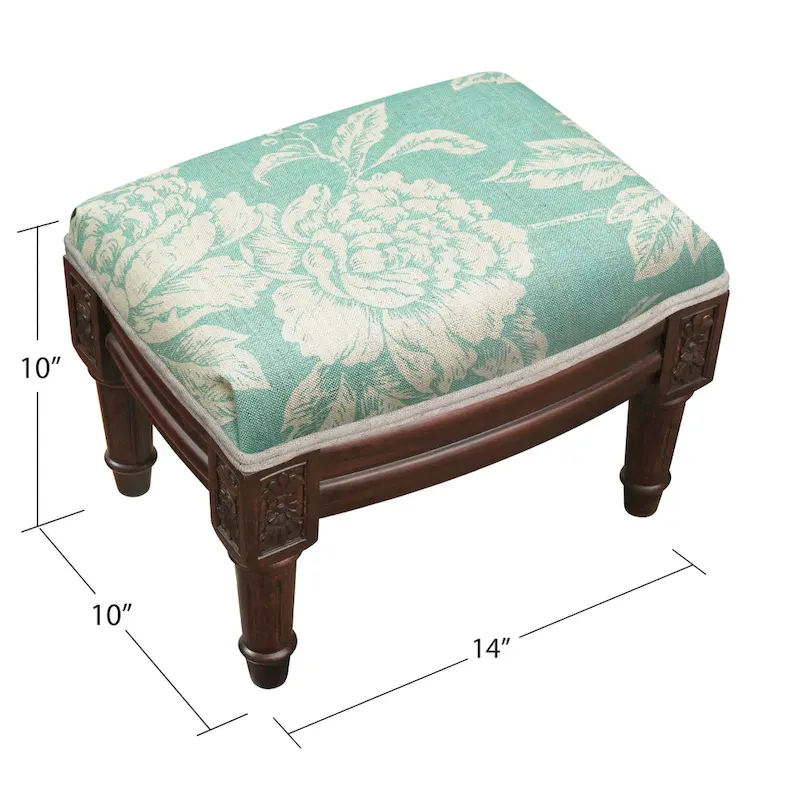 Aqua Floral Footstool, Single Seat, Wood Stain Finish