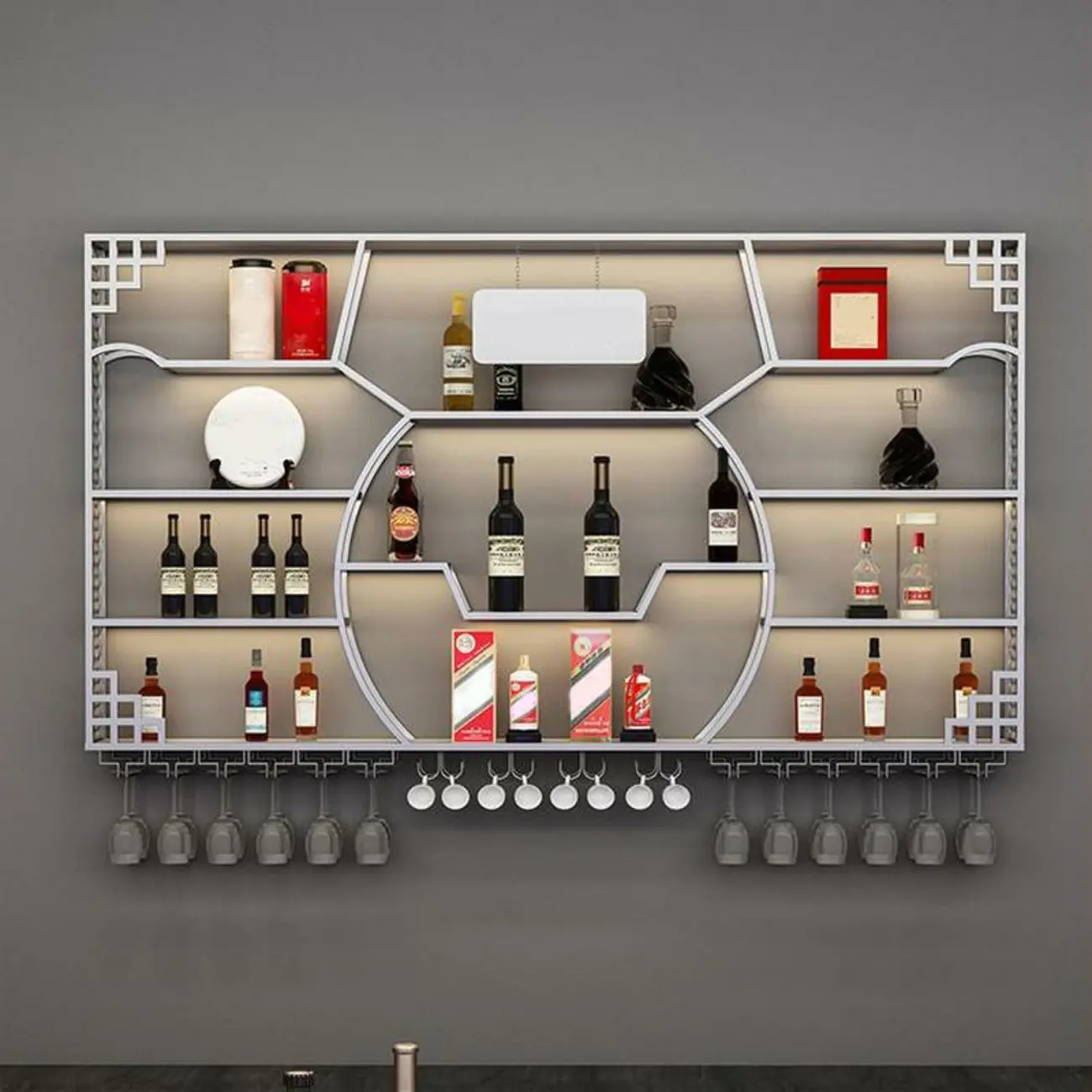 Multi-Shelf Gold Metal Wall-Mounted Wine & Glass Rack