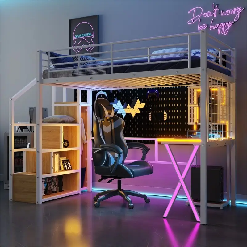 Loft Bed with Desk, Wardrobe and Storage Staircase - Metal, Twin/Full