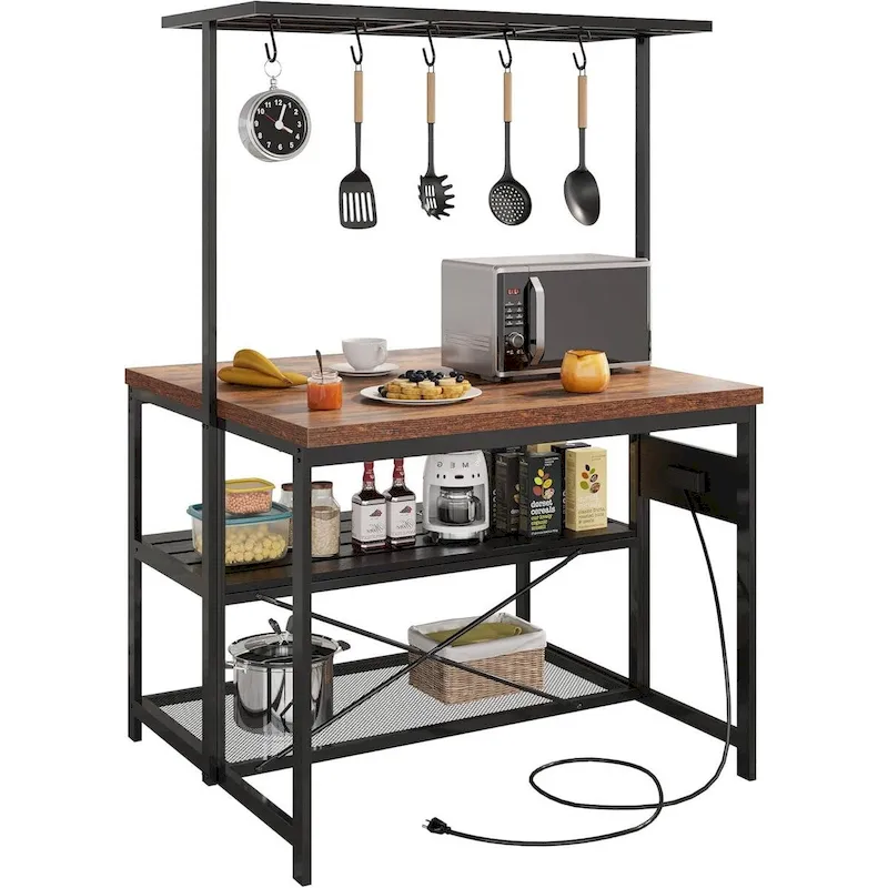 47 3 Tier Kitchen Island Table with Storage Shelf and Hooks - N/A