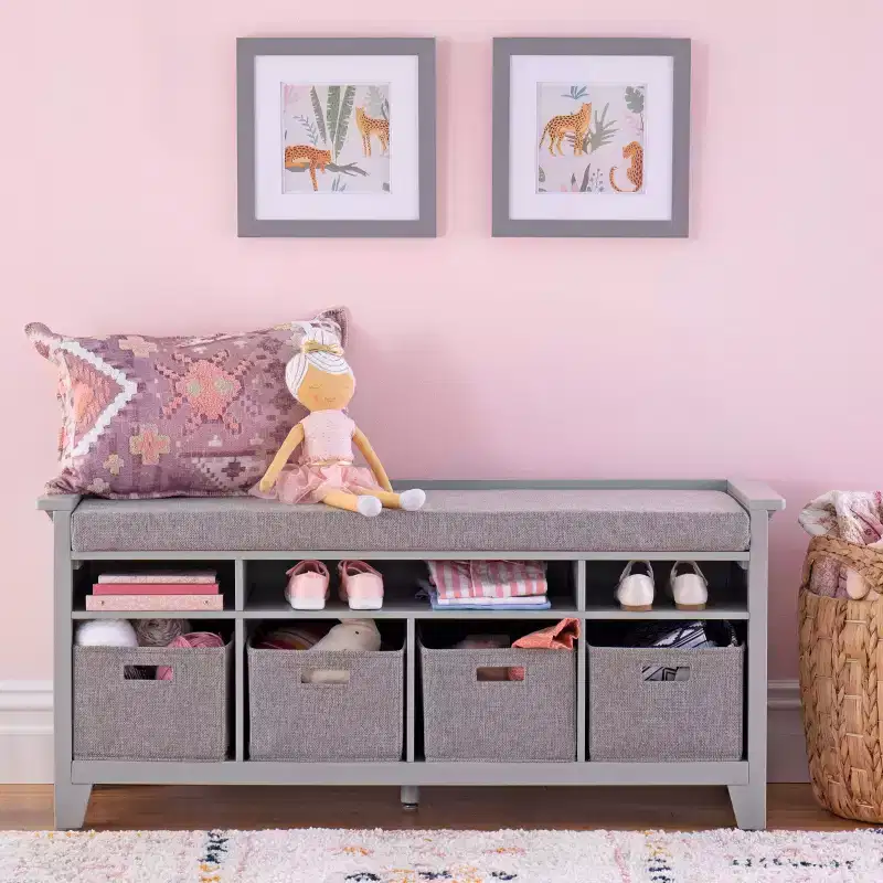 Martha Stewart Kids' Storage Bench: Children's Wooden Playroom Bookshelf Reading Nook and Toy Organizer with Fabric Bin