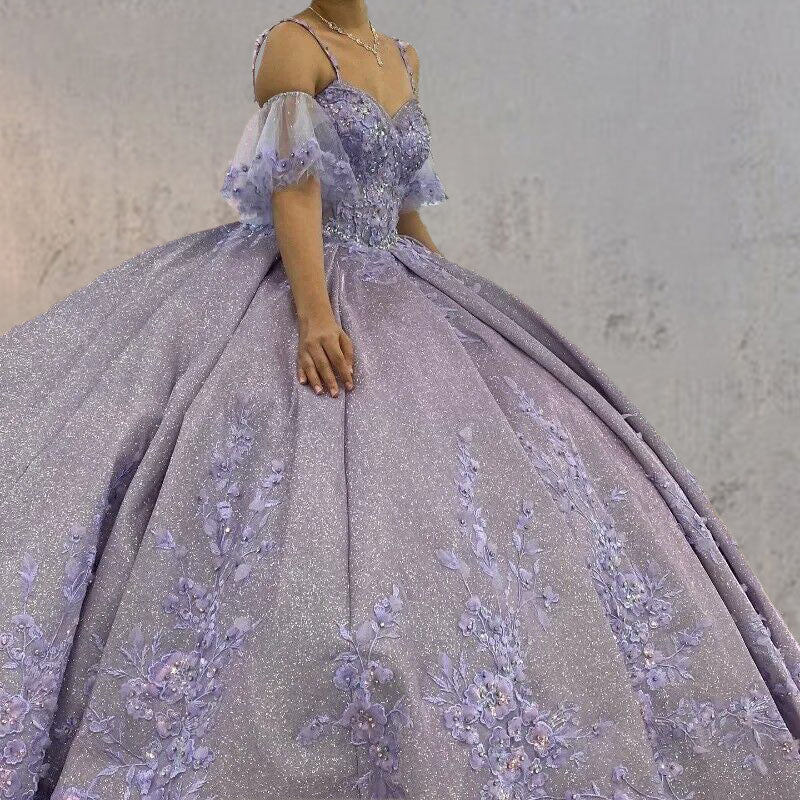 Lavender Off-the-Shoulder Straps Appliqued Quinceanera Dresses