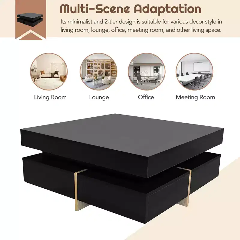 Modern High Gloss Coffee Table with 4 Drawers, Multi-Storage Square Cocktail Tea Table, Wood Grain Legs, 31.5x31.5', Black