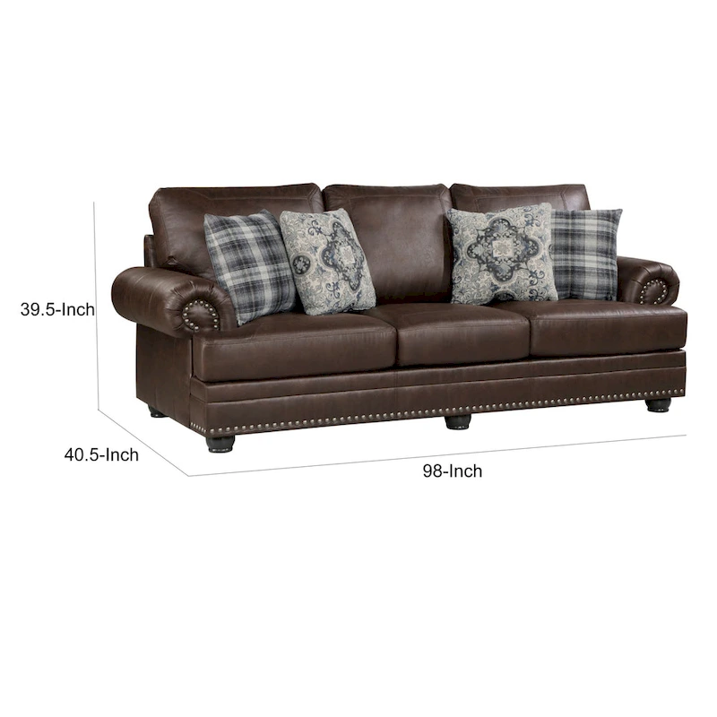 Jade 98 Inch Sofa, Rich Brown Microfiber, 4 Pillows, Soft Cushions, Wood