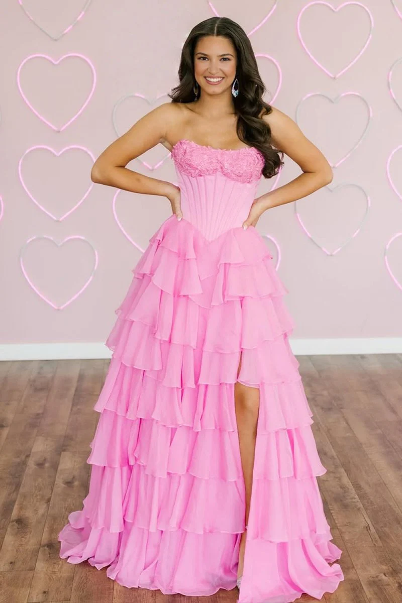 Pink Strapless A Line Chiffon Tiered Prom Dresses With Appliques