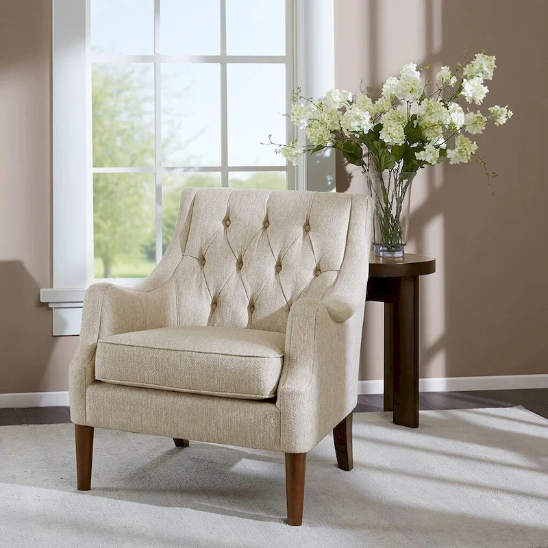 Accent Chair, Button Tufted Back, Removable Seat Cushion, Solid Wood Espresso Legs, Polyester, Beige / Teal / Grey, 1-Person Use