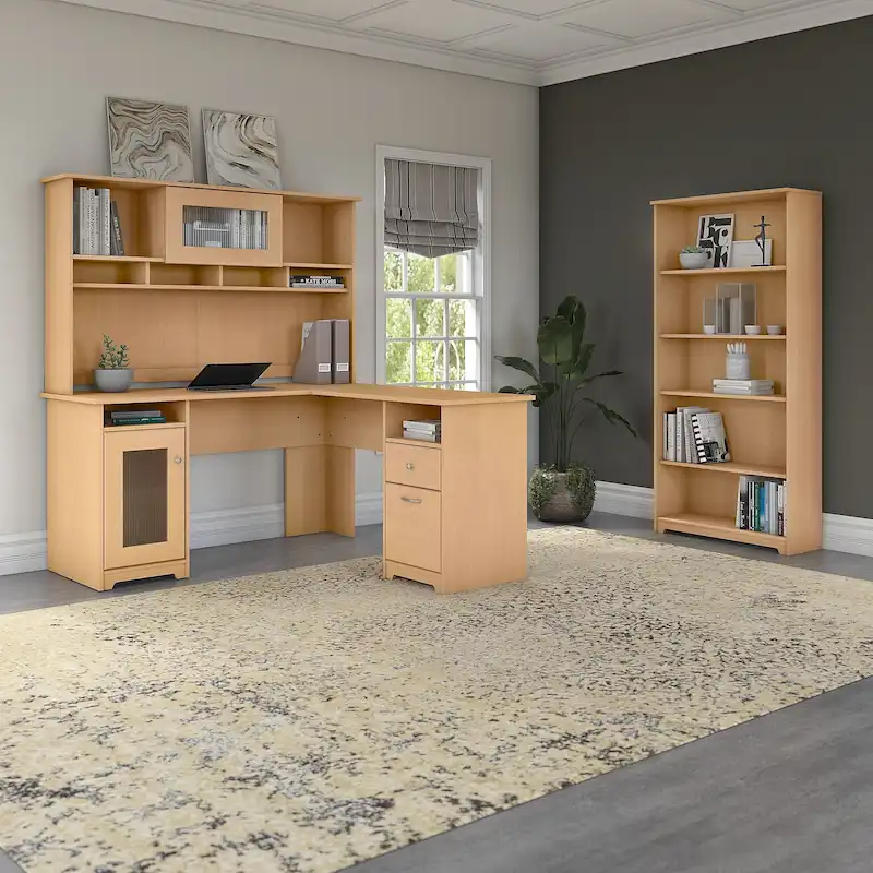 Cabot 60W L-Desk with Hutch and 5 Shelf Bookcase by Bush Furniture