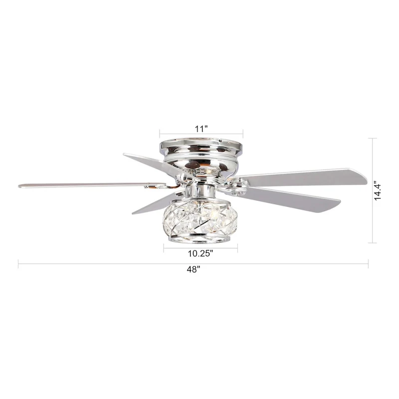 48  Chrome Wooden 5-Blade Crystal Flush Mount Ceiling Fan with Remote