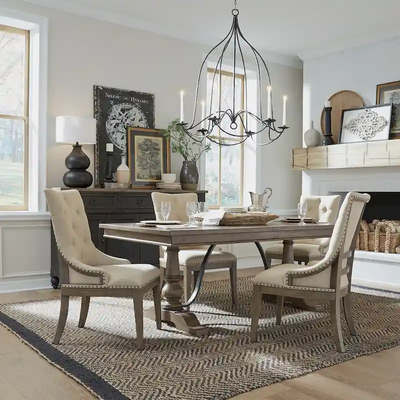 Americana Farmhouse Dusty Taupe Trestle Table Set with Dining Chairs Various Options