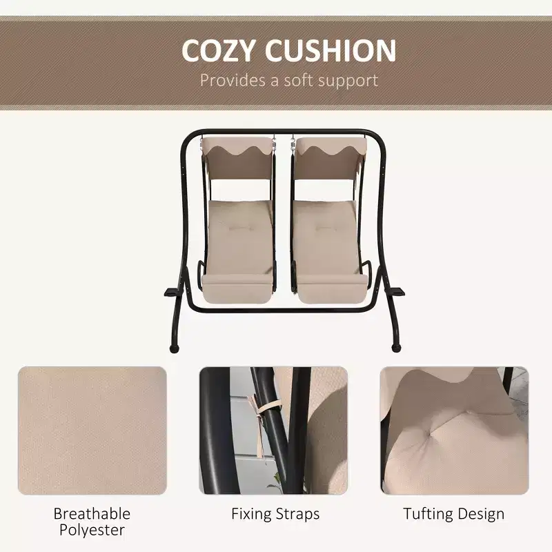 2-Person Patio Swing with Removable Canopy Cup Holders and Separate Seats Beige