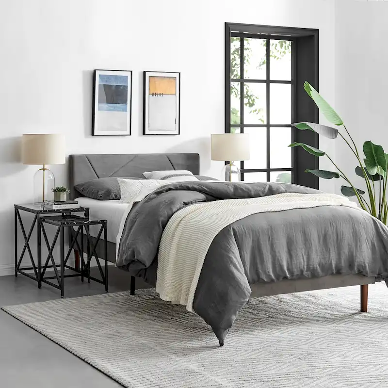 Modern Square Marble Finish Veneer Top Black Metal Frame Nesting End Tables - Set of 2