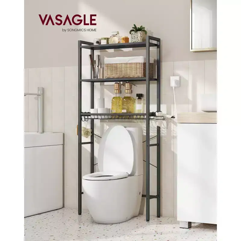 VASAGLE Over the Toilet Storage, Over Toilet Bathroom Organizer with Adjustable Shelves and Basket, Hair Dryer Holder, 3 Hooks