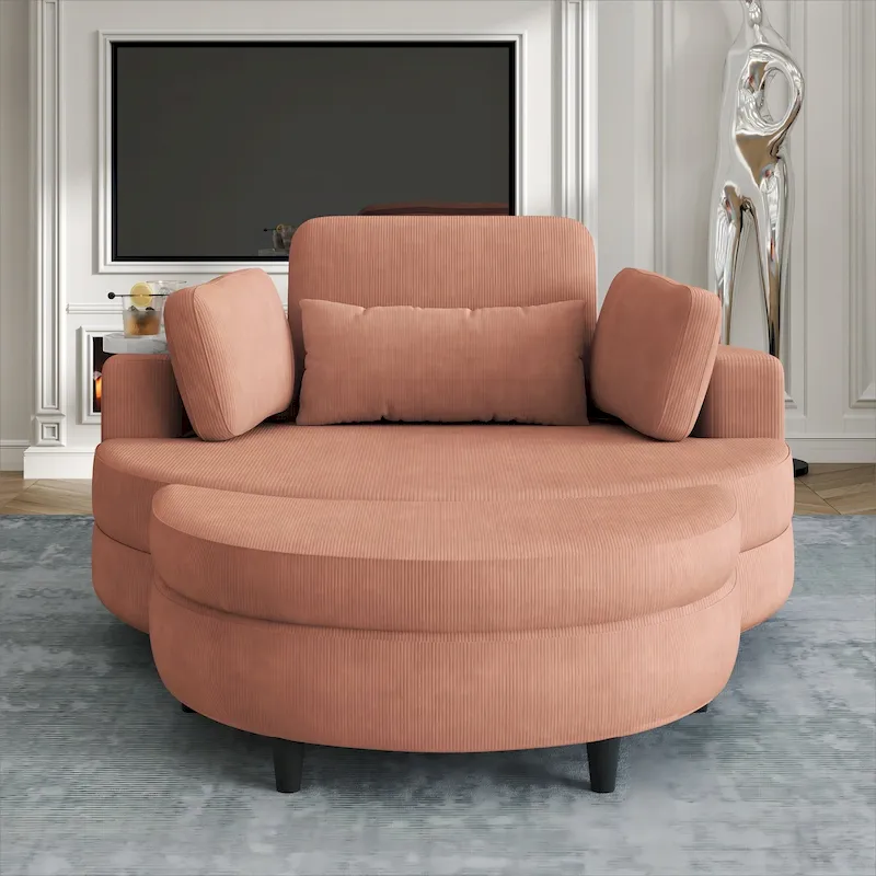 Round Sofa Chair with Ottoman, Corduroy Fabric, Adjustable Headrest, Removable Tray, 2 Throw Pillows & 1 Waist Pillow, Orange / Beige / Grey / Yellow, 1-Person Use