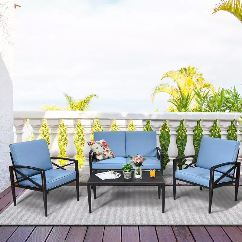 Costway 8PCS Patio Furniture Set Aluminum Frame Cushioned Sofa Chair Coffee Table Blue