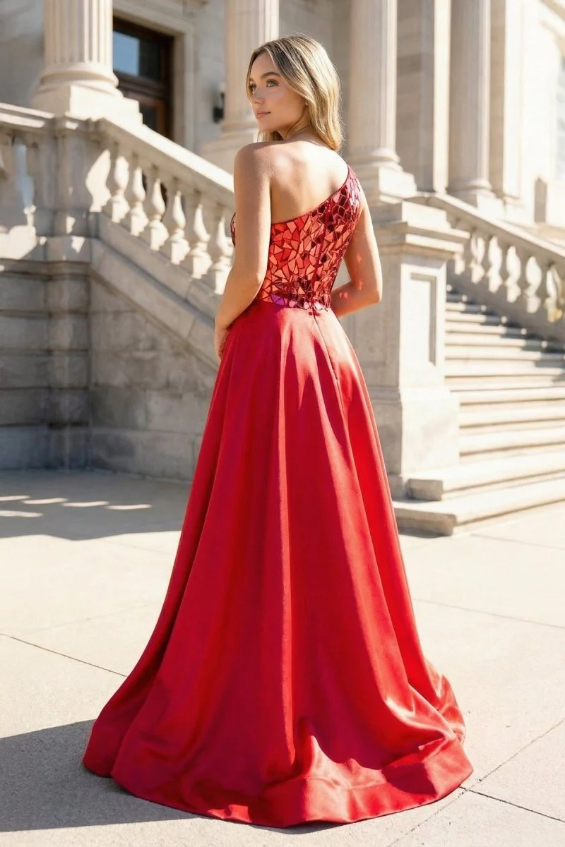 A Line One Shoulder Sequins Long Prom Dress with Slit