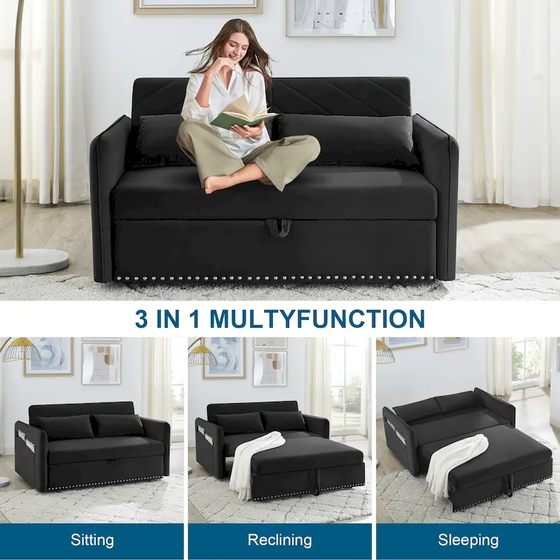 Aukfa 3 in 1 Convertible Sofa Bed Velvet Loveseat Sleeper