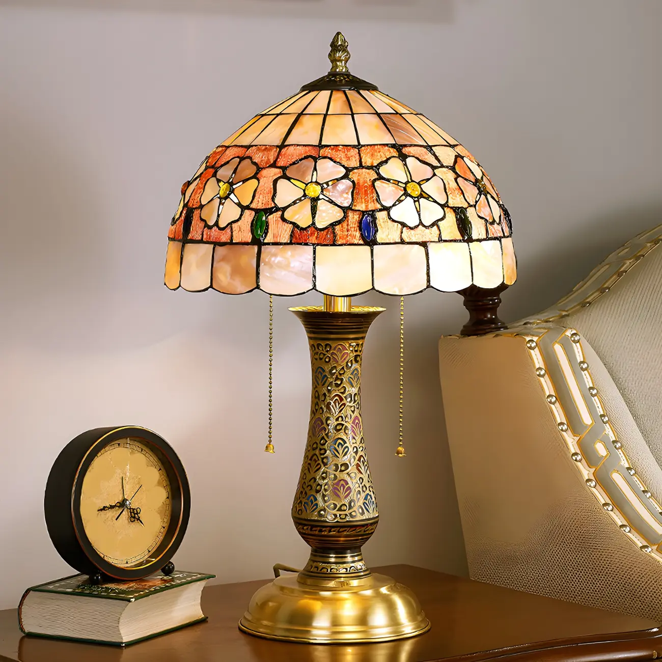 Antique Brass 2-Light Stained Glass Dome-Shape Table Lamp