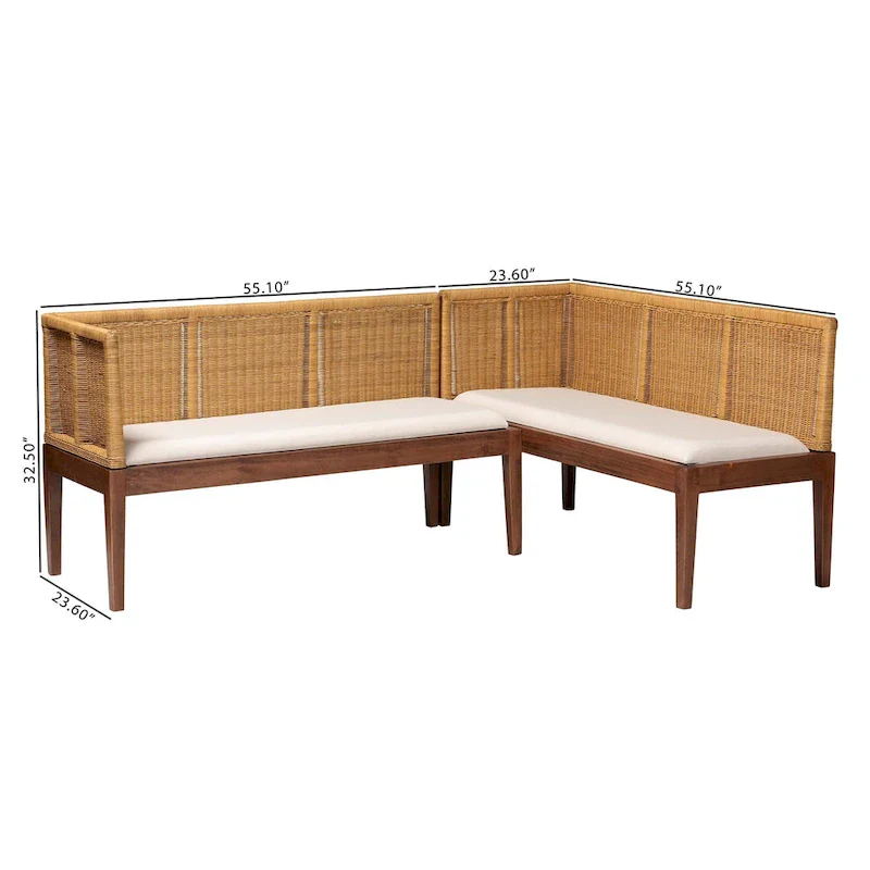 Tabanan Modern Bohemian Nautral Brown Rattan and Brown Acacia Wood 2-Piece Dining Nook Banquette Set