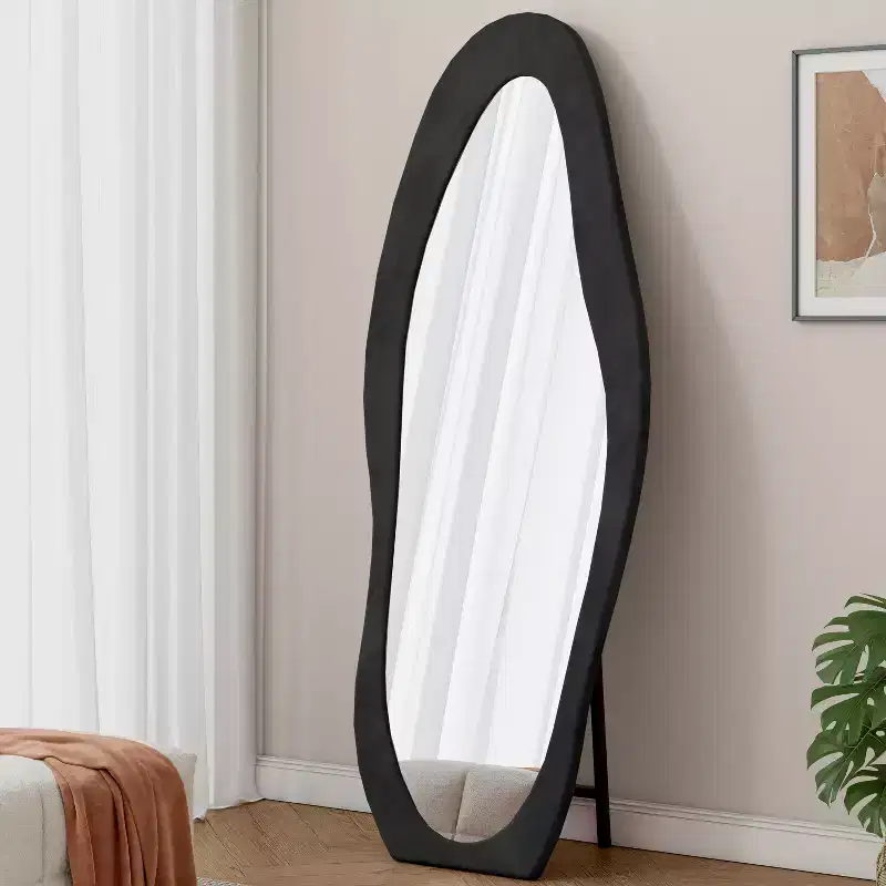 Okak 63*24in Irregular Wavy Flannel Body Mirror, Wooden Frame Full Length Mirror with Stand, Wall Mirror for Dressing Room, Living Room