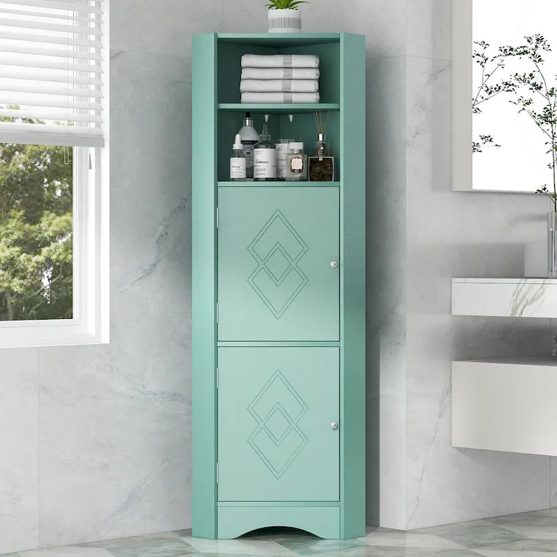 Green Corner Storage Cabinet, Wood Finish, 2 Doors & Adjustable Shelves, 1-Person Assembly