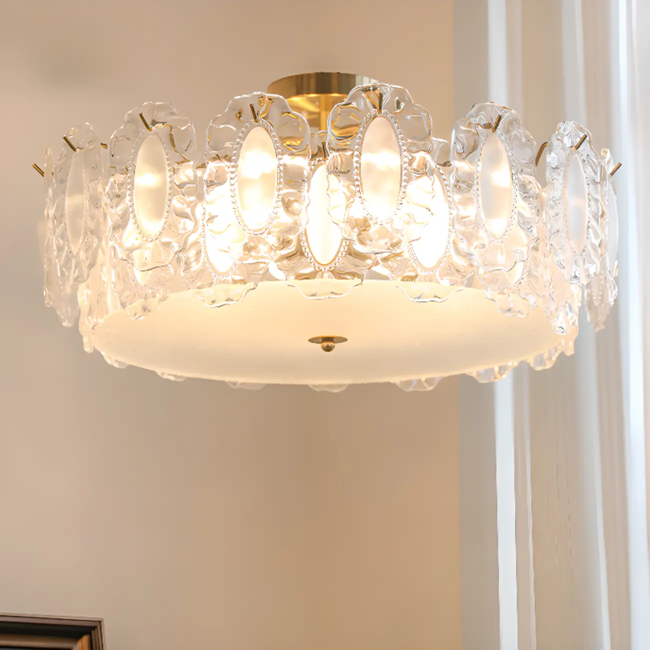Elegant Glass Drum Shape Golden Semi Flush Light