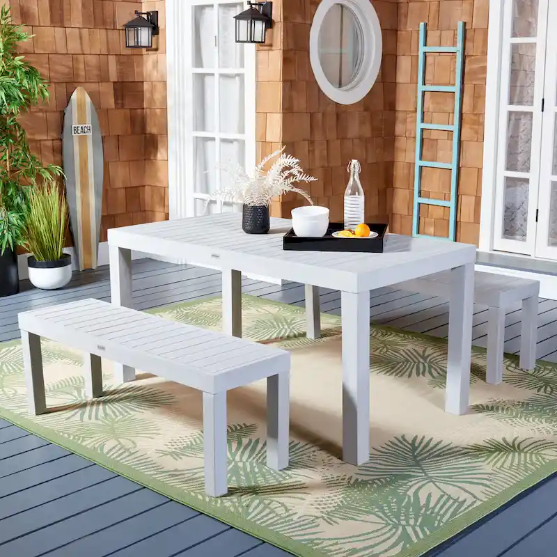 SAFAVIEH Outdoor Living Dario 3-Piece Dining Set With 59-Inch L Table And 2 Backless Benches - 59