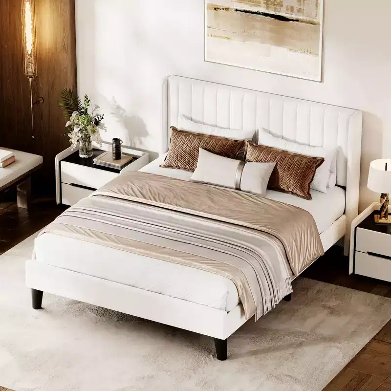 Full Size Velvet Bed Frame Vertical Channel Tufted Wingback Headboard Upholstered Platform Bed, Wood Slats,No Box Spring Needed, Easy Assembly, Beige