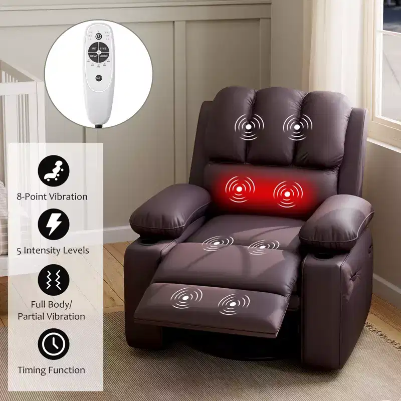 360 Swivel Recliner Chair with Massage  PU Leather Manual Reclining Sofa, Cup Holders & Side Pocket, for Living Room