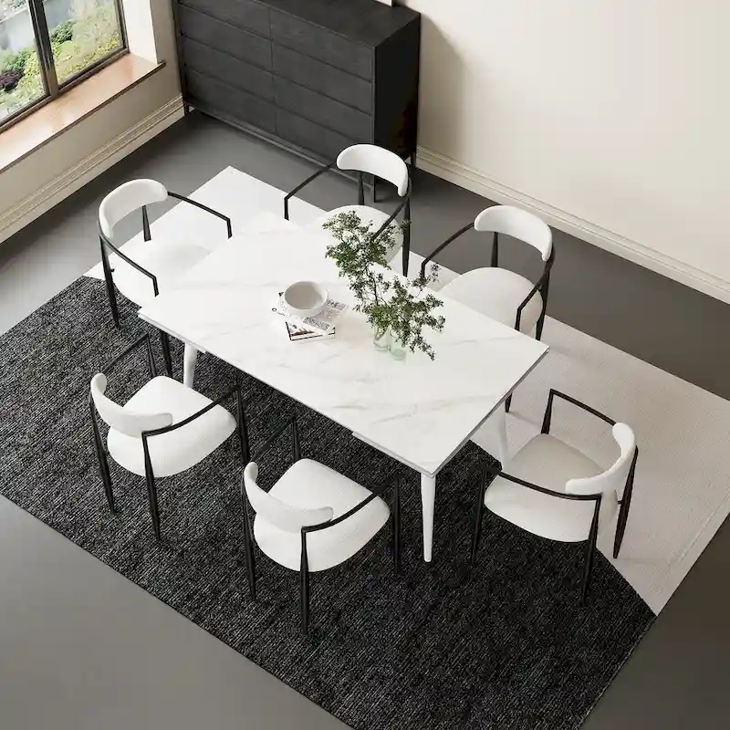 7 - Piece Extendable Sintered Stone Dining Table Dining Set With 6 Fabric Chairs
