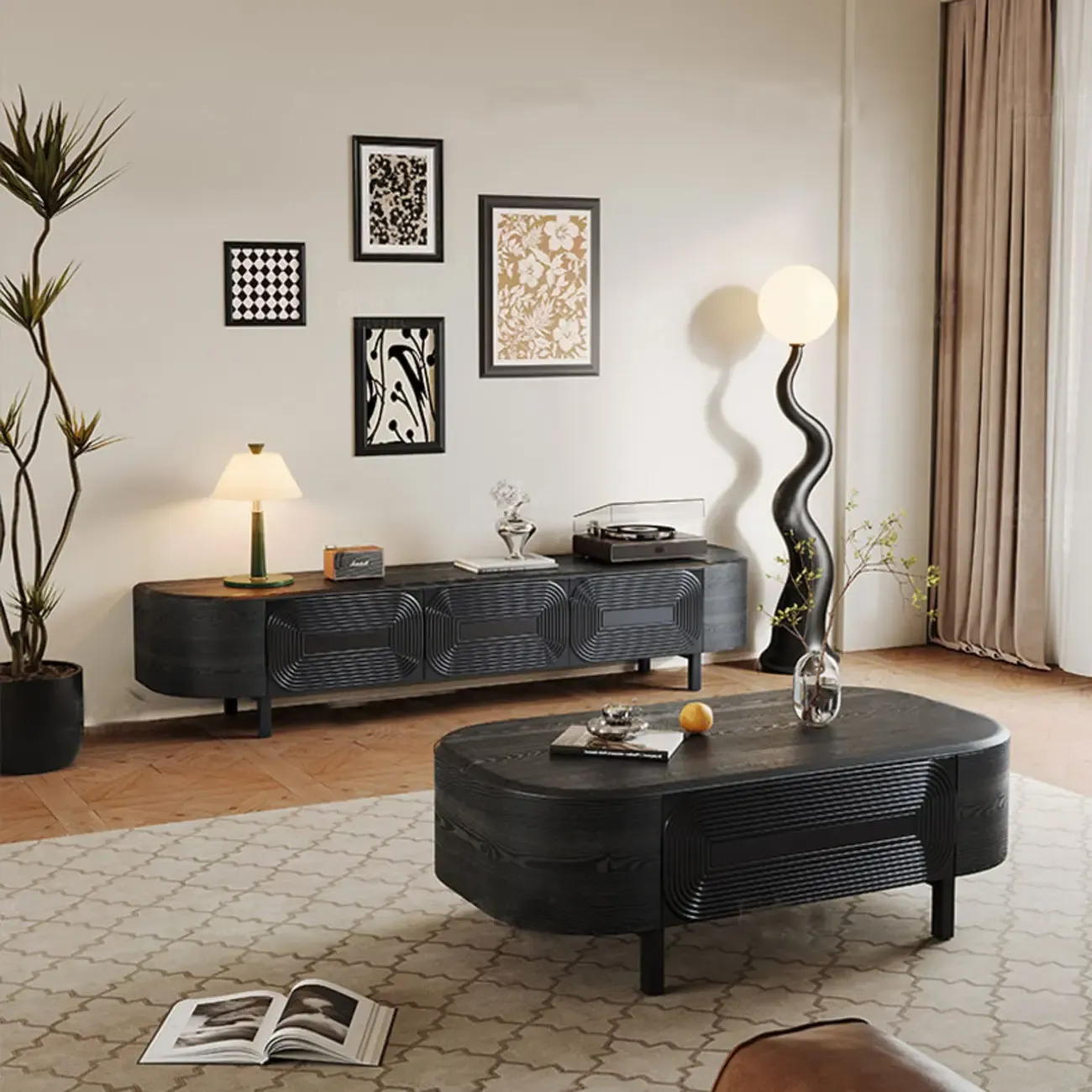 Mid Century Modern Black Wood TV Stand with Drawers