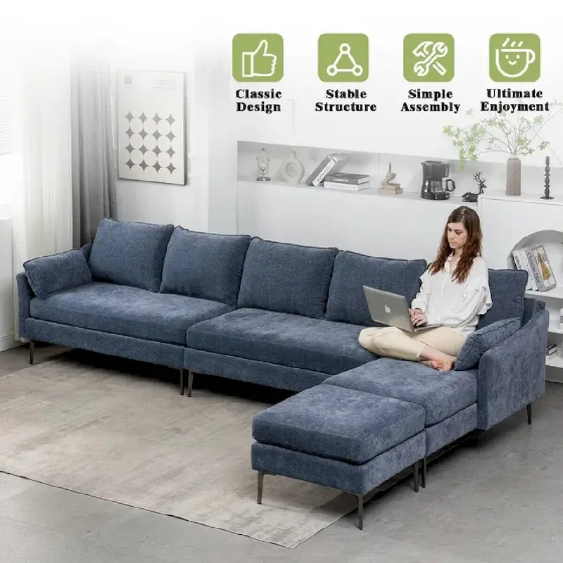 U-Shaped 6-Seat Sectional Sofa, Reversible Sleeper in Modern Chenille Design, with Chaise Lounge and Ottoman