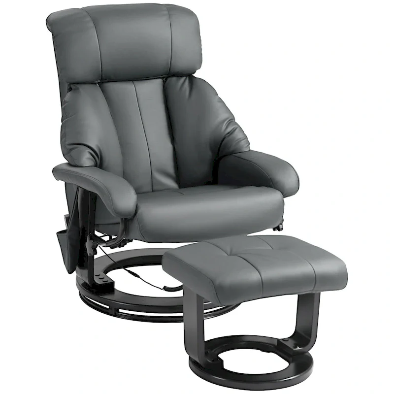 Gray Massage Recliner Chair with Footstool, 360° Swivel, Single Seat