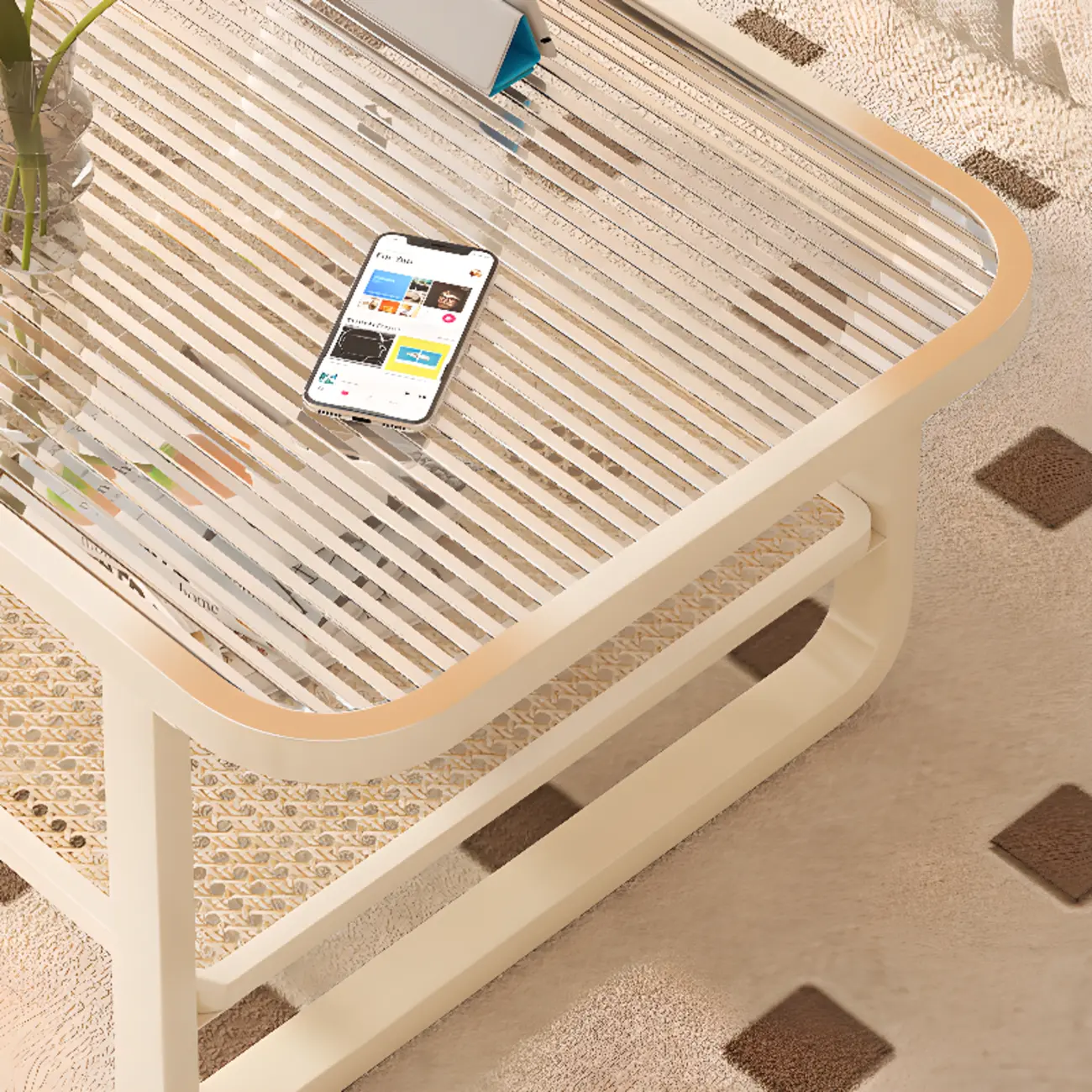 Modern White Rectangle Glass Coffee Table with Shelf