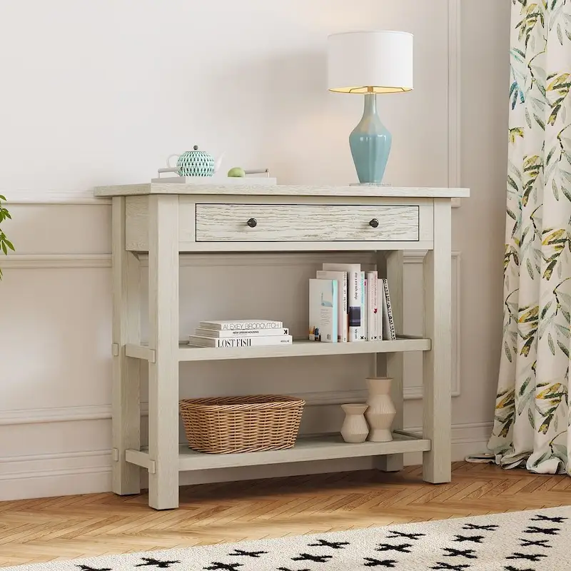 36 Farmhouse Solid Wood Console Table with Drawers and 2 Shelves