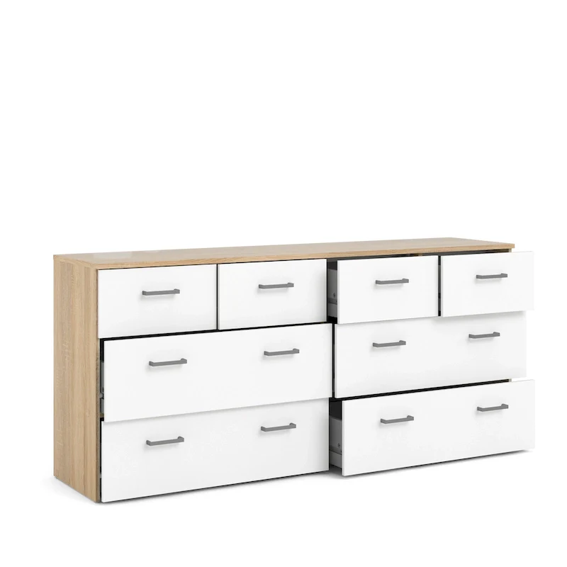 Oak & White Scandinavian 8-Drawer Double Wide Dresser with Foil Finish for 1