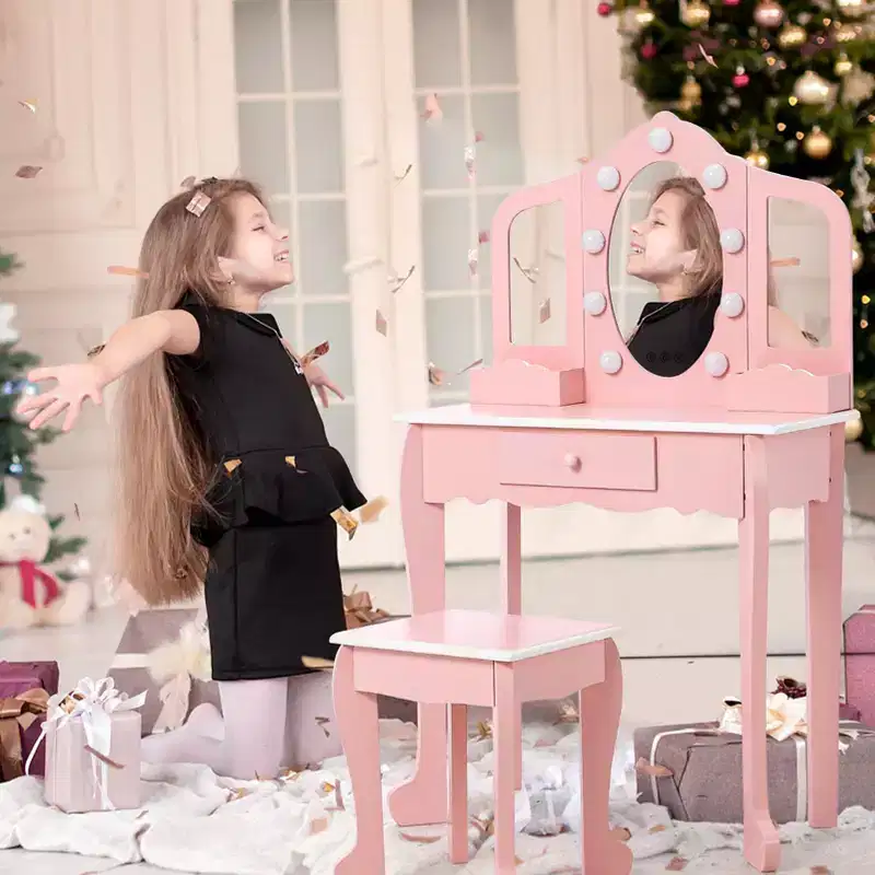 Kids Vanity with 3 Mirrors and Stool, Girls Vanity with Wood Makeup Playset, Princess Vanity Table for Toddlers
