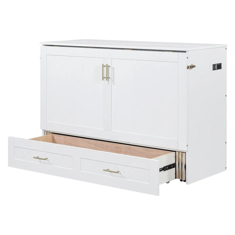 White Modern Murphy Wall Bed, Full Size, 1-Person, with Storage Drawer & USB Ports